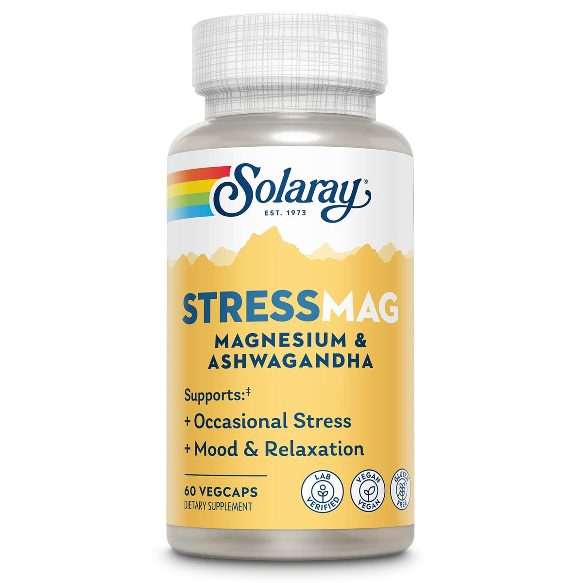 SOLARAY StressMag bottle with pour illustrating easy relaxation and daily stress support