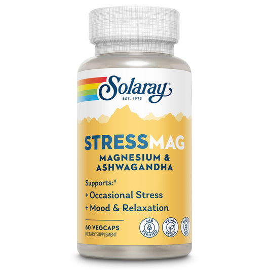SOLARAY StressMag bottle with pour illustrating easy relaxation and daily stress support