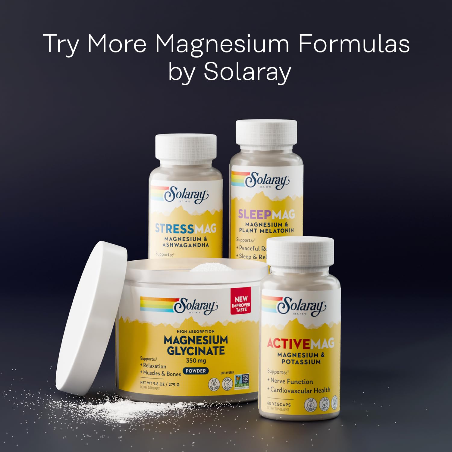 SOLARAY StressMag eco-packaging highlighting recycled resin bottles