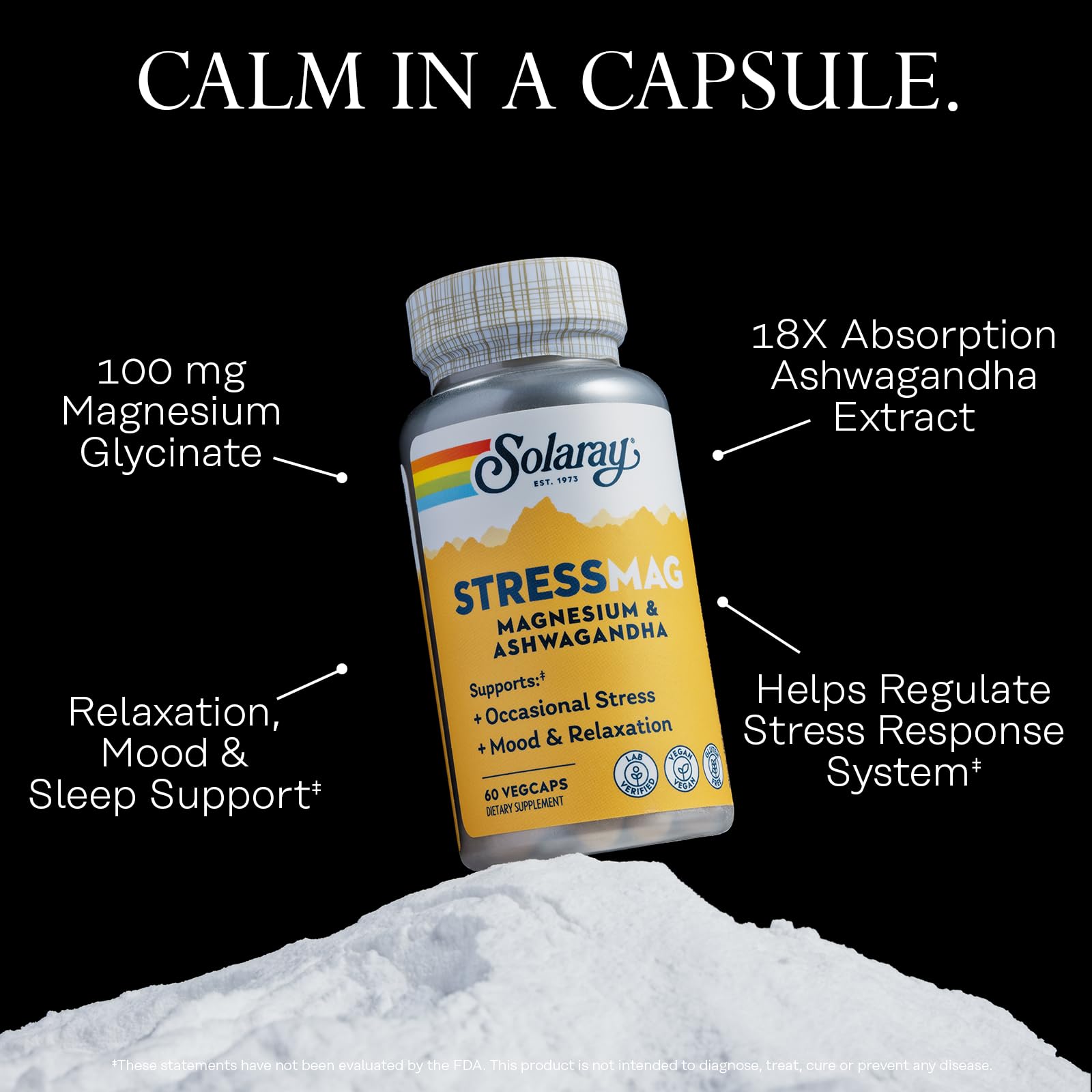 SOLARAY StressMag label front showing trusted, clinically studied ingredients