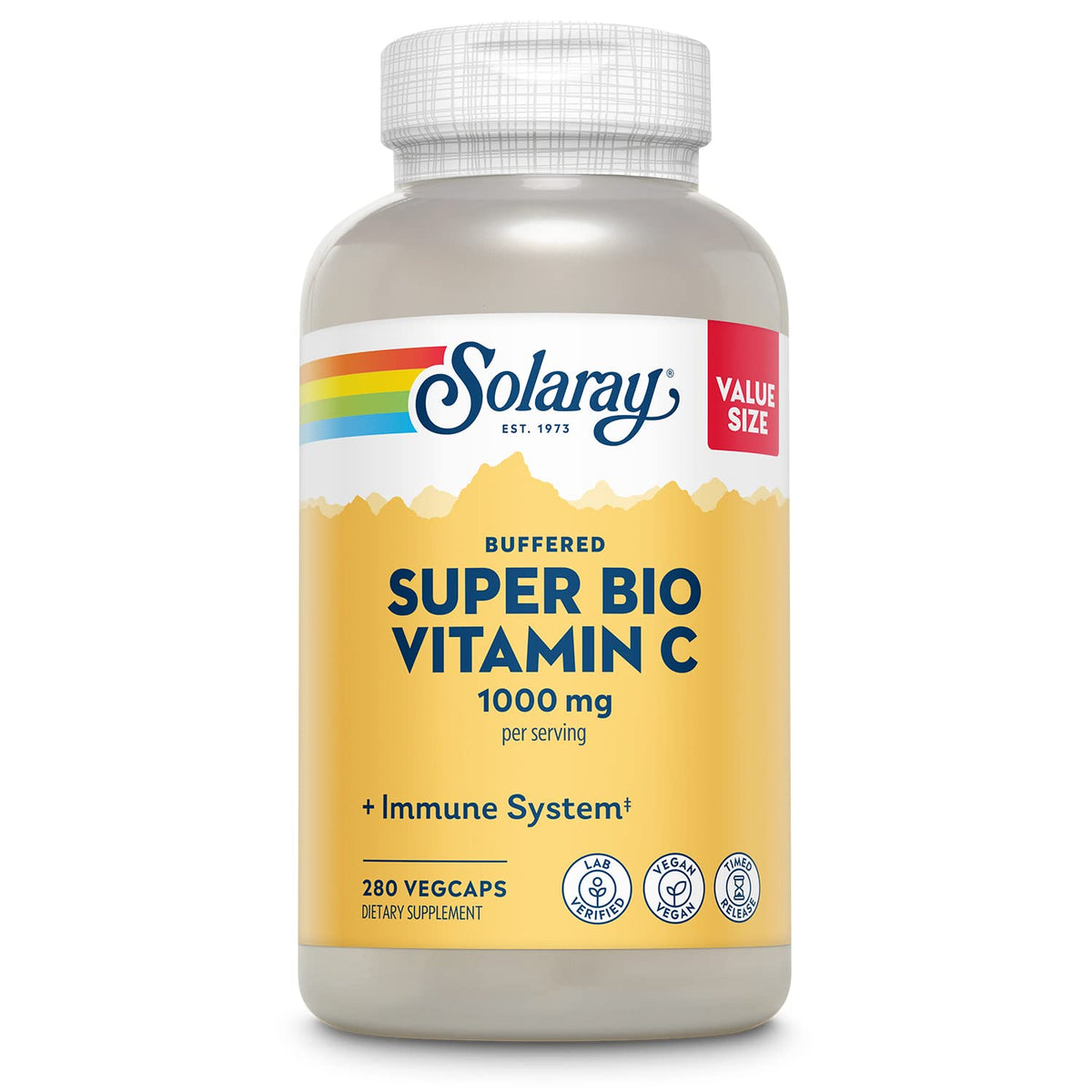 SOLARAY Super Bio Buffered Vitamin C bottle pour shows easy daily use and two-stage release.