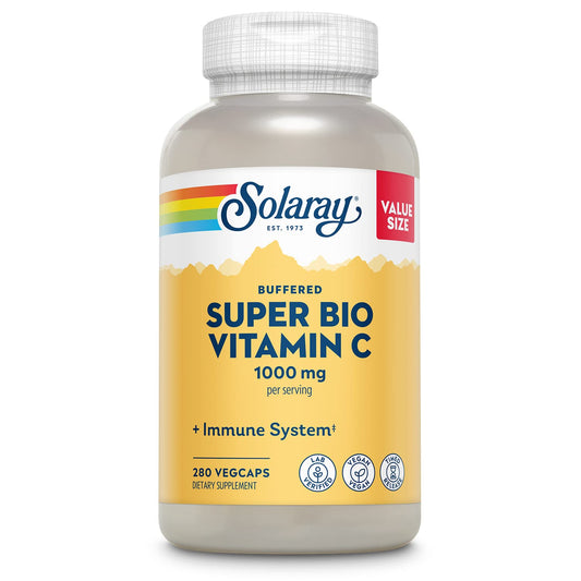 SOLARAY Super Bio Buffered Vitamin C bottle pour shows easy daily use and two-stage release.