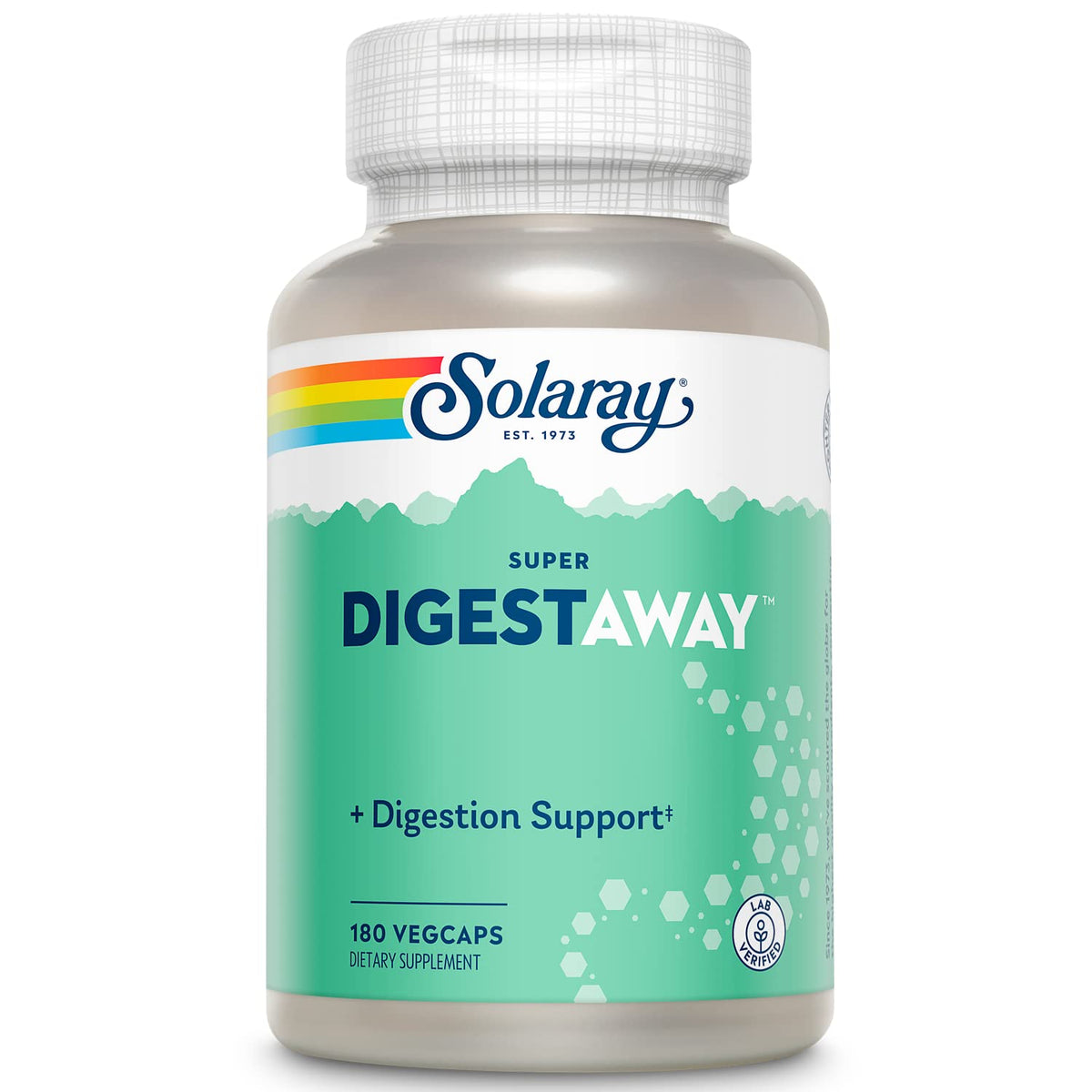 SOLARAY Super Digestaway bottle front highlights enzyme blend for improved digestion and nutrient absorption.