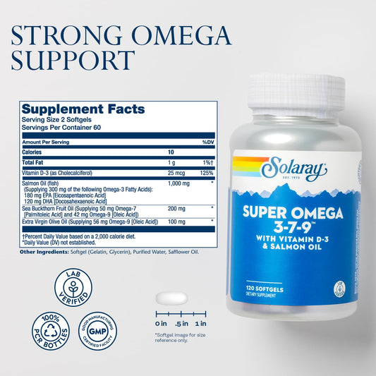 SOLARAY Super Omega 3 7 9 softgels close-up showing mini capsules for easy swallowing