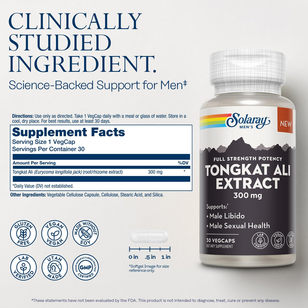 Solaray Tongkat Ali bottle front highlighting vegan and gluten-free formulation.
