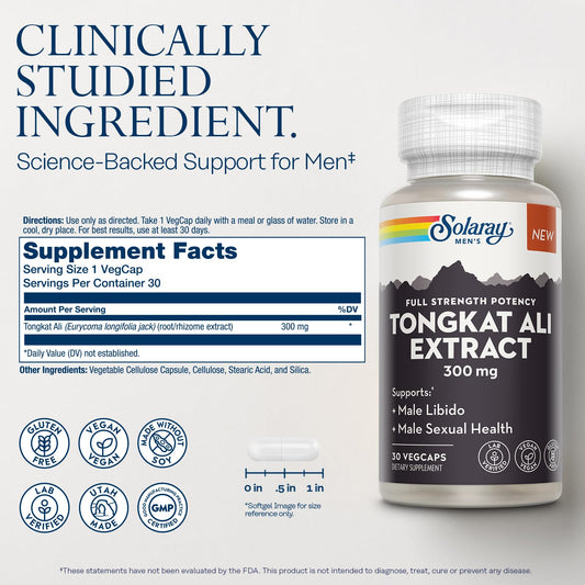 Solaray Tongkat Ali bottle front highlighting vegan and gluten-free formulation.