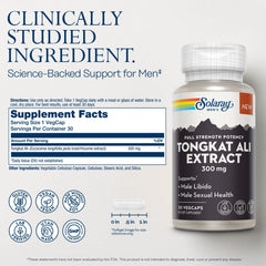 Solaray Tongkat Ali bottle front highlighting vegan and gluten-free formulation.
