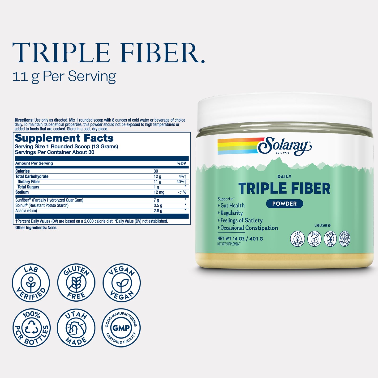 SOLARAY Triple Fiber Powder bottle back view showing ingredients and prebiotic blend.