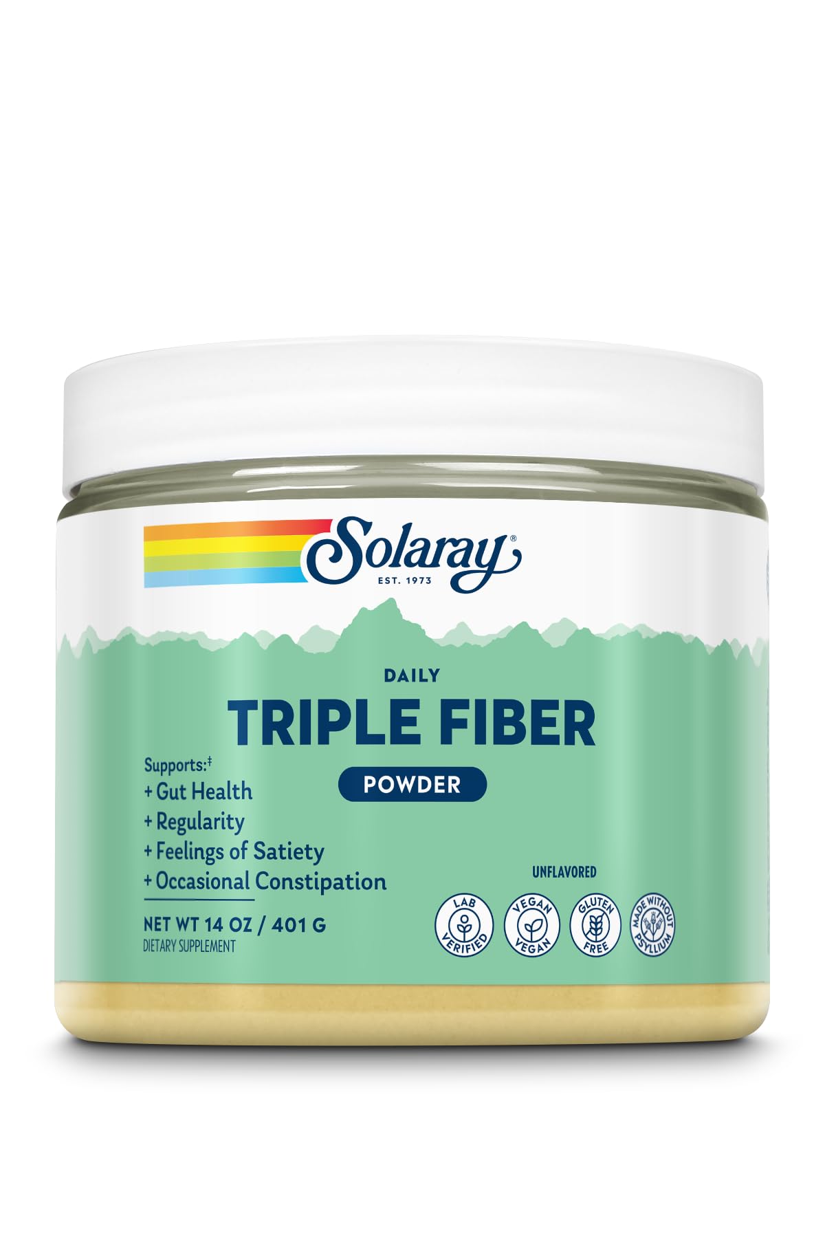 SOLARAY Triple Fiber Powder bottle front view for daily gut support.