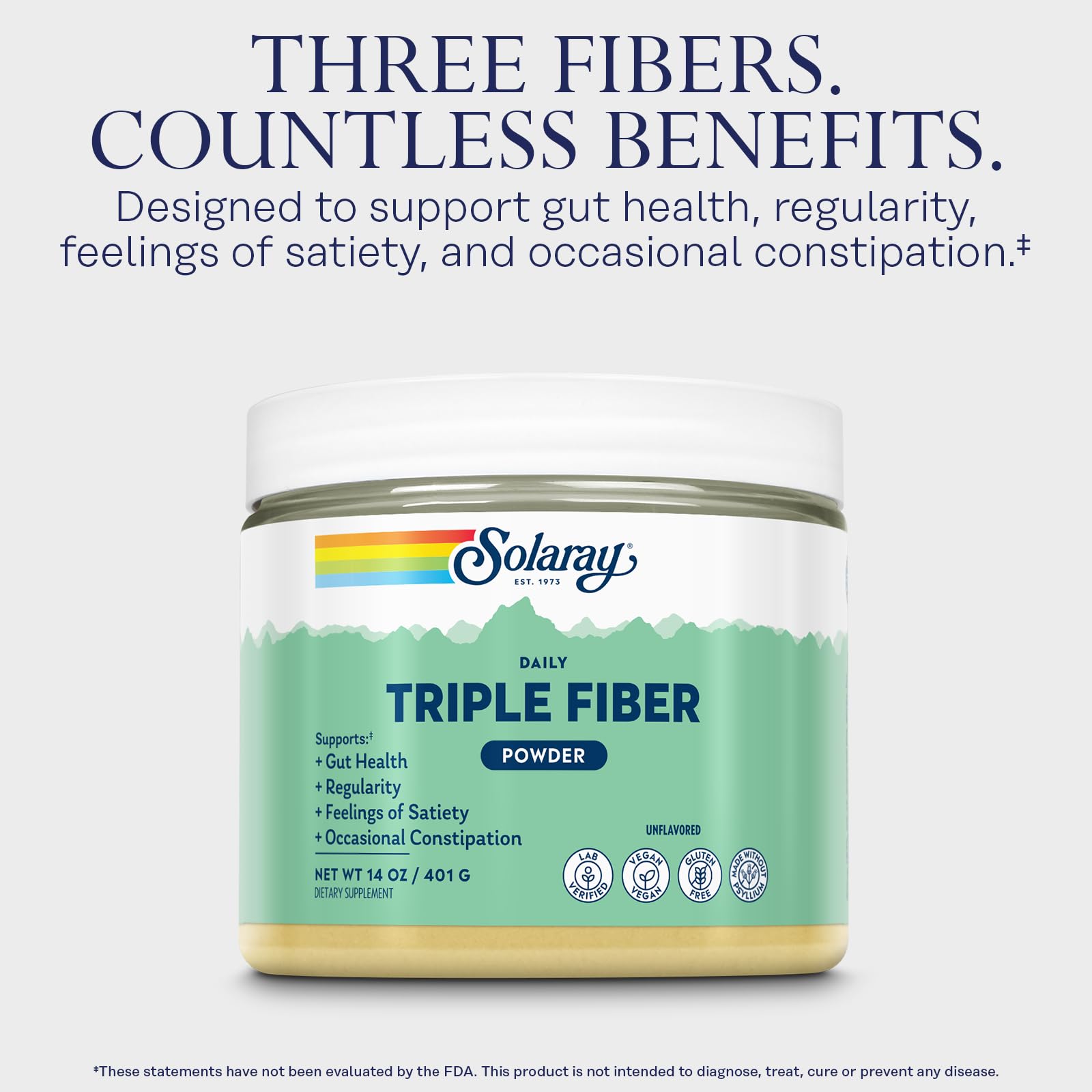 SOLARAY Triple Fiber Powder tub label highlighting vegan and gluten-free claims.