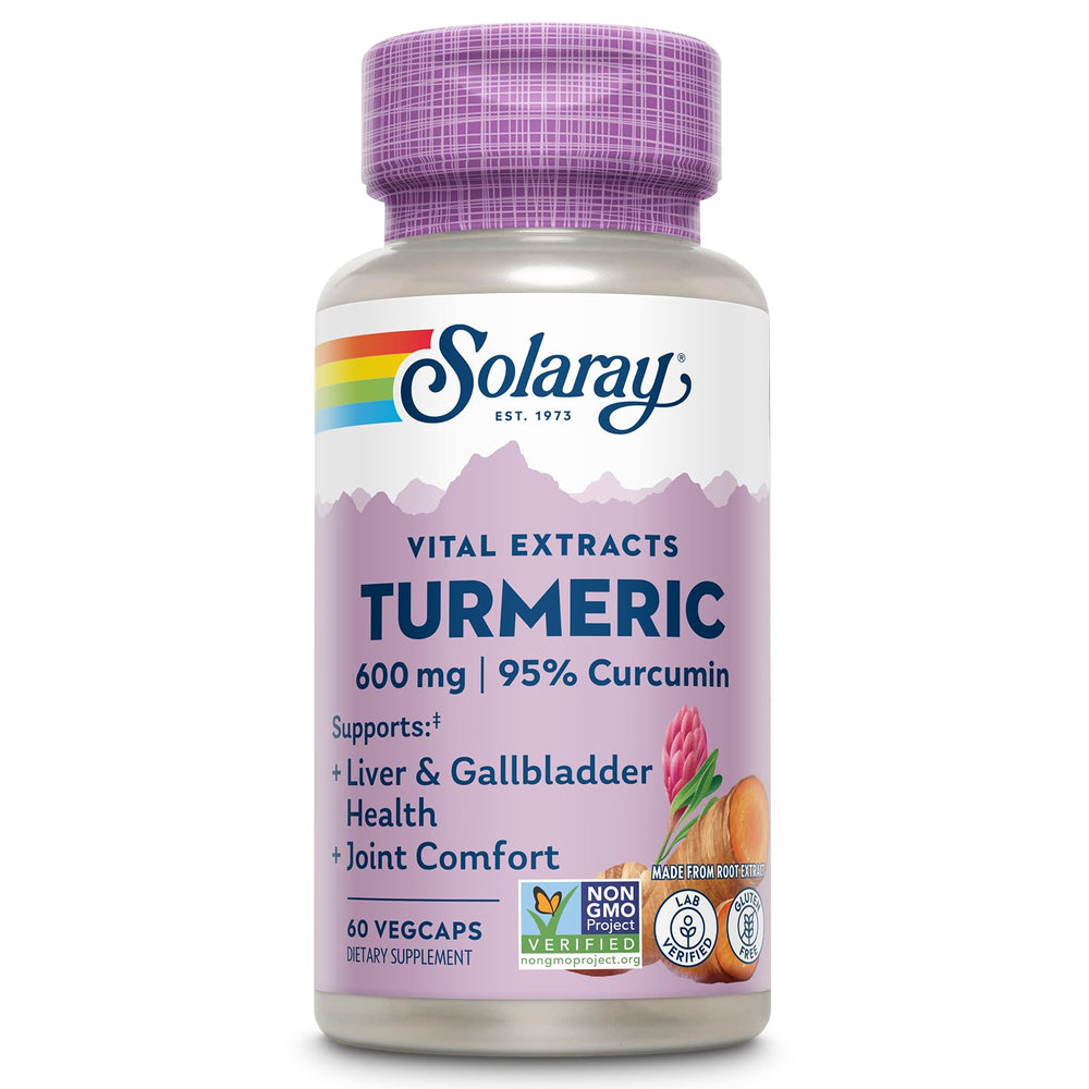 SOLARAY Turmeric 600mg bottle label highlights potency and serving size.