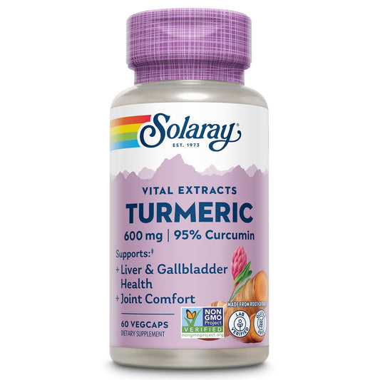 SOLARAY Turmeric 600mg bottle label highlights potency and serving size.