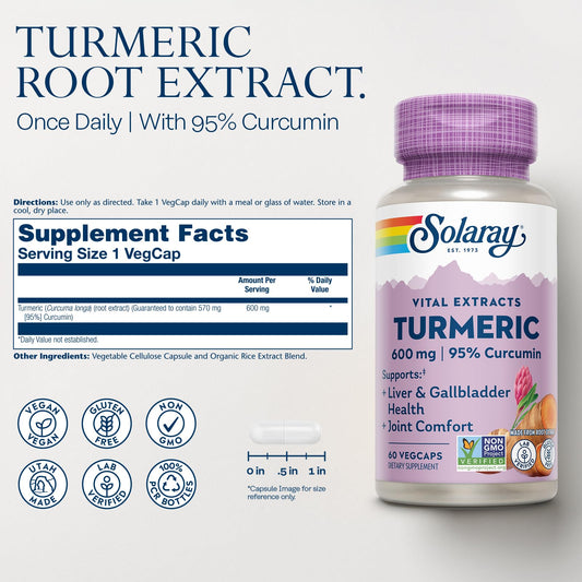 SOLARAY turmeric capsules closeup showing uniform capsules for daily use.