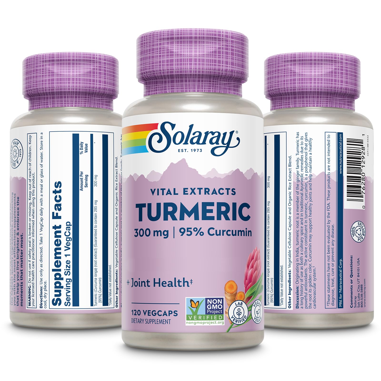SOLARAY turmeric root extract close-up showing 95% curcumin potency.