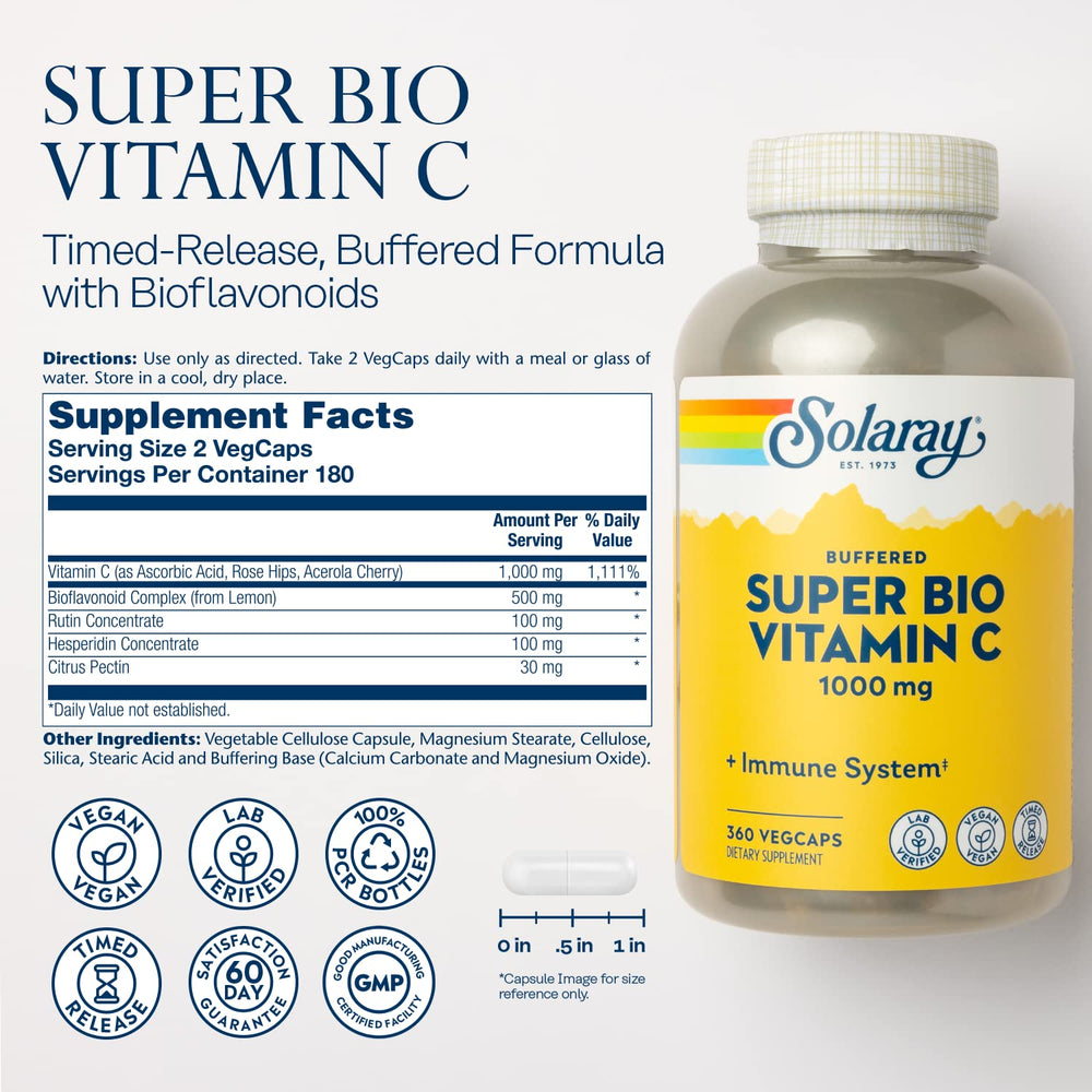 Close-up of SOLARAY two-stage-release capsules for all-day vitamin C intake.