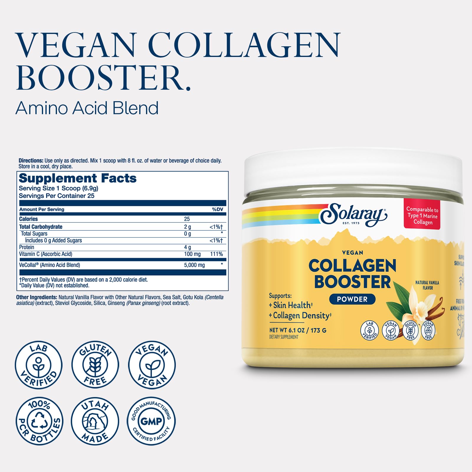 SOLARAY Vegan Collagen Booster dissolves easily in beverages for convenient daily use.