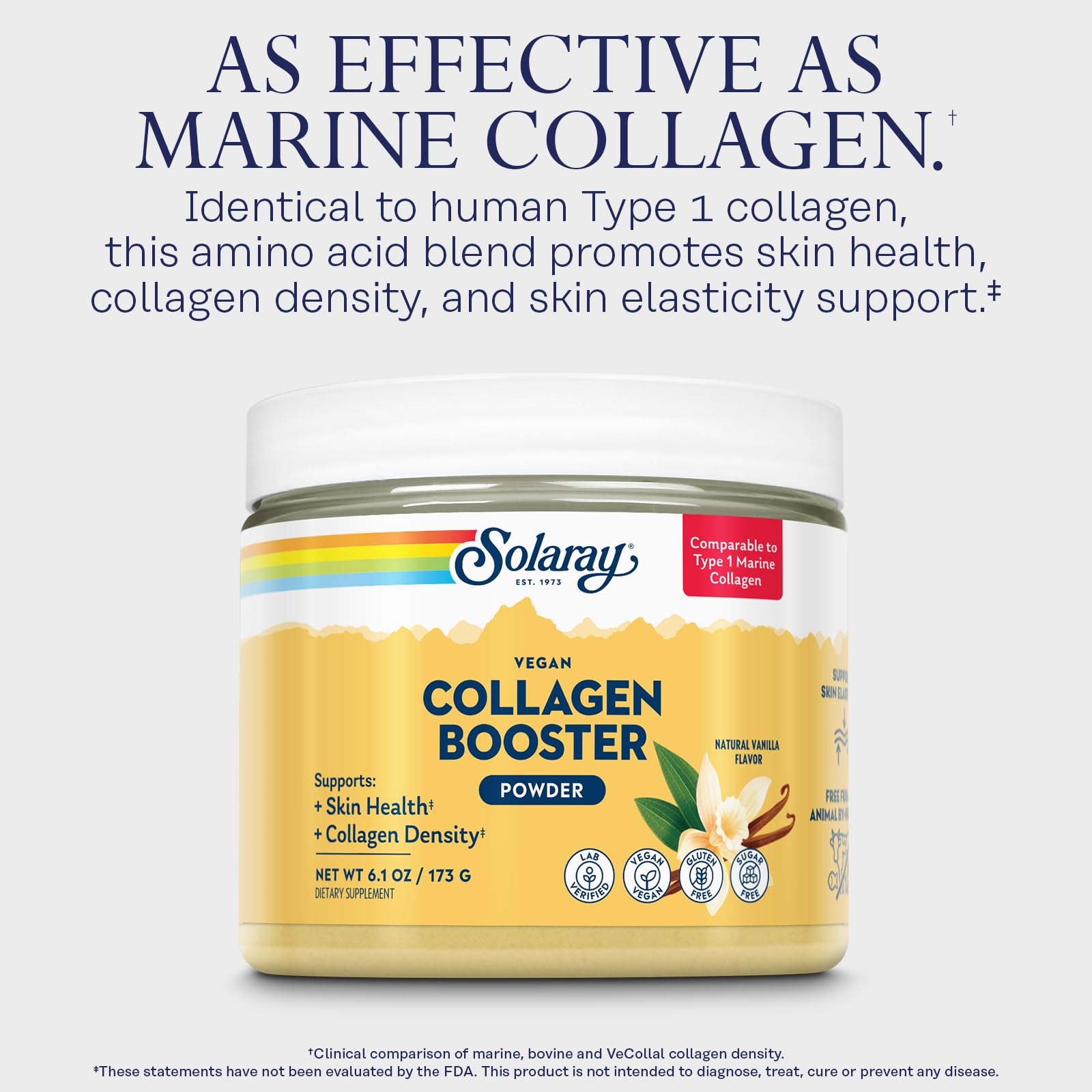 SOLARAY Vegan Collagen Booster glass with beverage shows simple integration into routines.