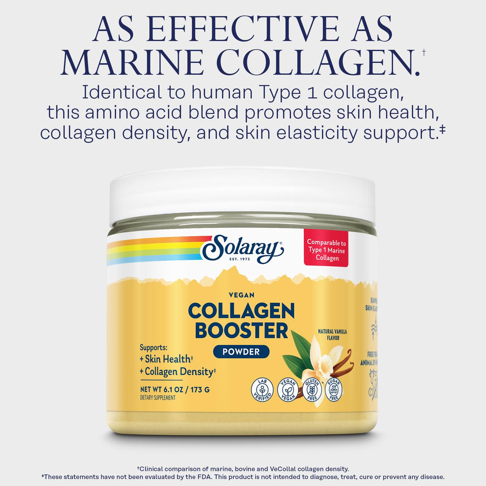 SOLARAY Vegan Collagen Booster glass with beverage shows simple integration into routines.