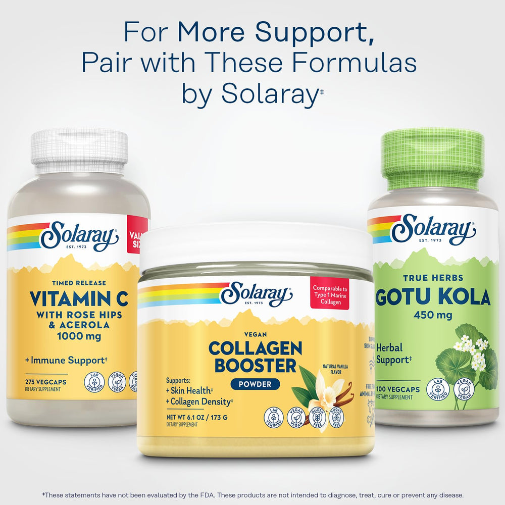 SOLARAY Vegan Collagen Booster plant-based ingredients emphasize ginseng and vitamin C.