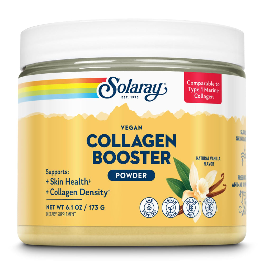 SOLARAY Vegan Collagen Booster vanilla powder enhances daily skincare with a creamy, plant-based mix.