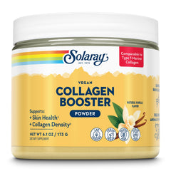 SOLARAY Vegan Collagen Booster vanilla powder enhances daily skincare with a creamy, plant-based mix.