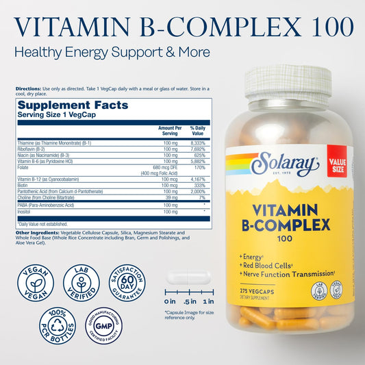 SOLARAY Vitamin B Complex 100mg bottle closeup highlights the nutrient-rich formula for energy and immunity.