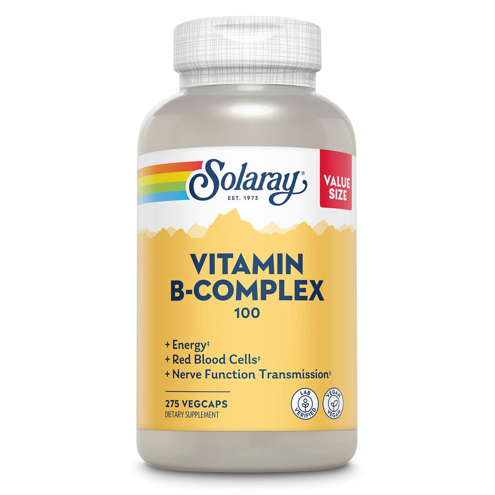 SOLARAY Vitamin B Complex 100mg bottle front supports daily energy and overall wellness.