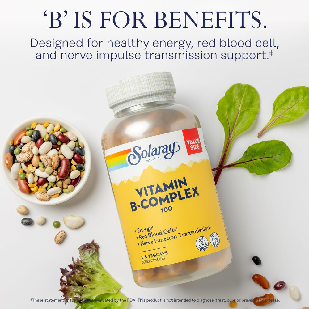 SOLARAY Vitamin B Complex amber bottle scene emphasizes trusted packaging and consistent daily use.