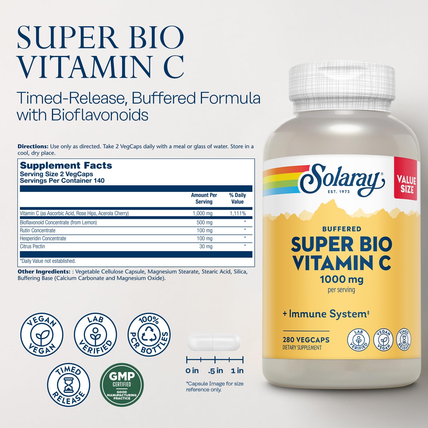 SOLARAY Vitamin C 1000mg capsules close-up highlights potency for everyday immune support.