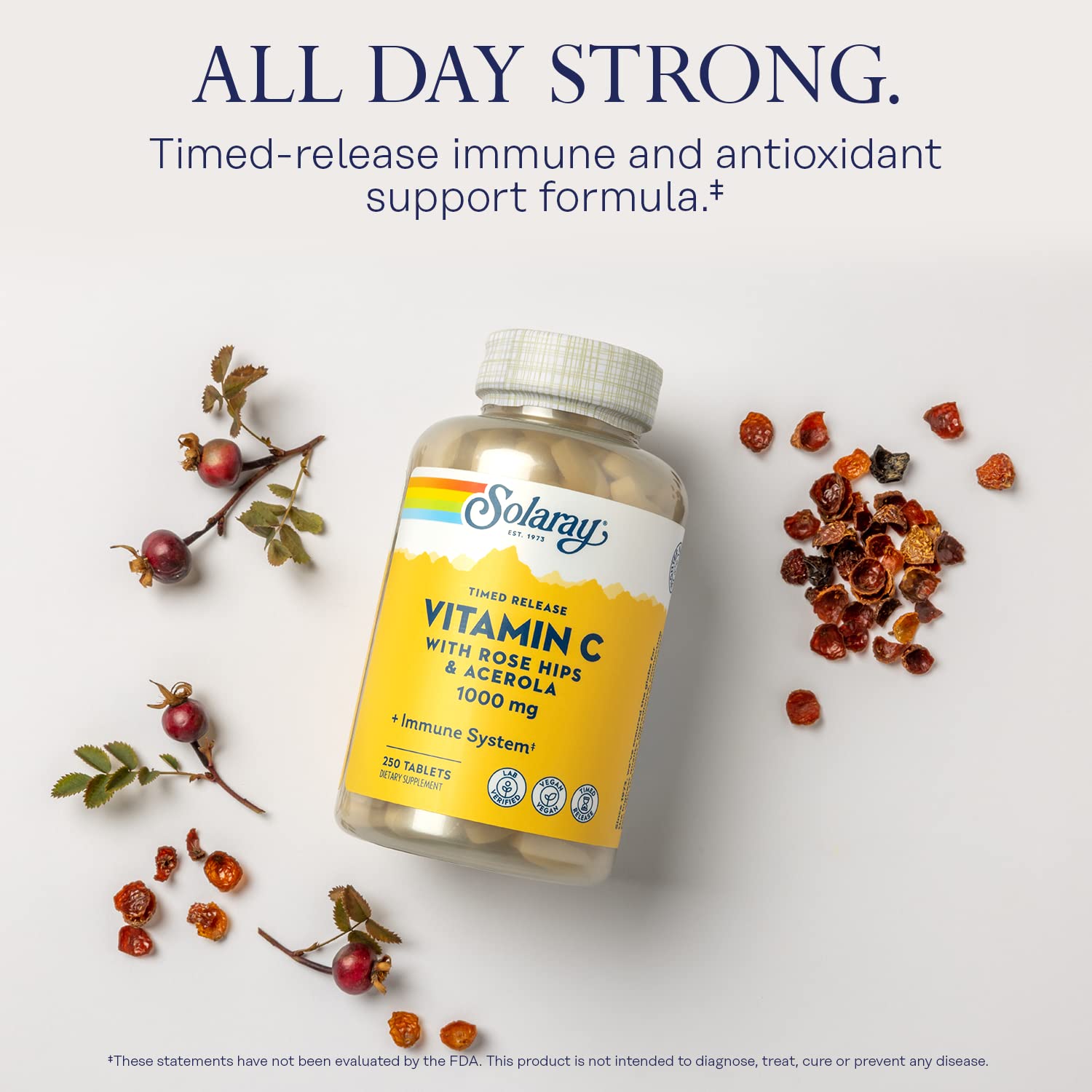 SOLARAY Vitamin C bottle label with product details and branding.