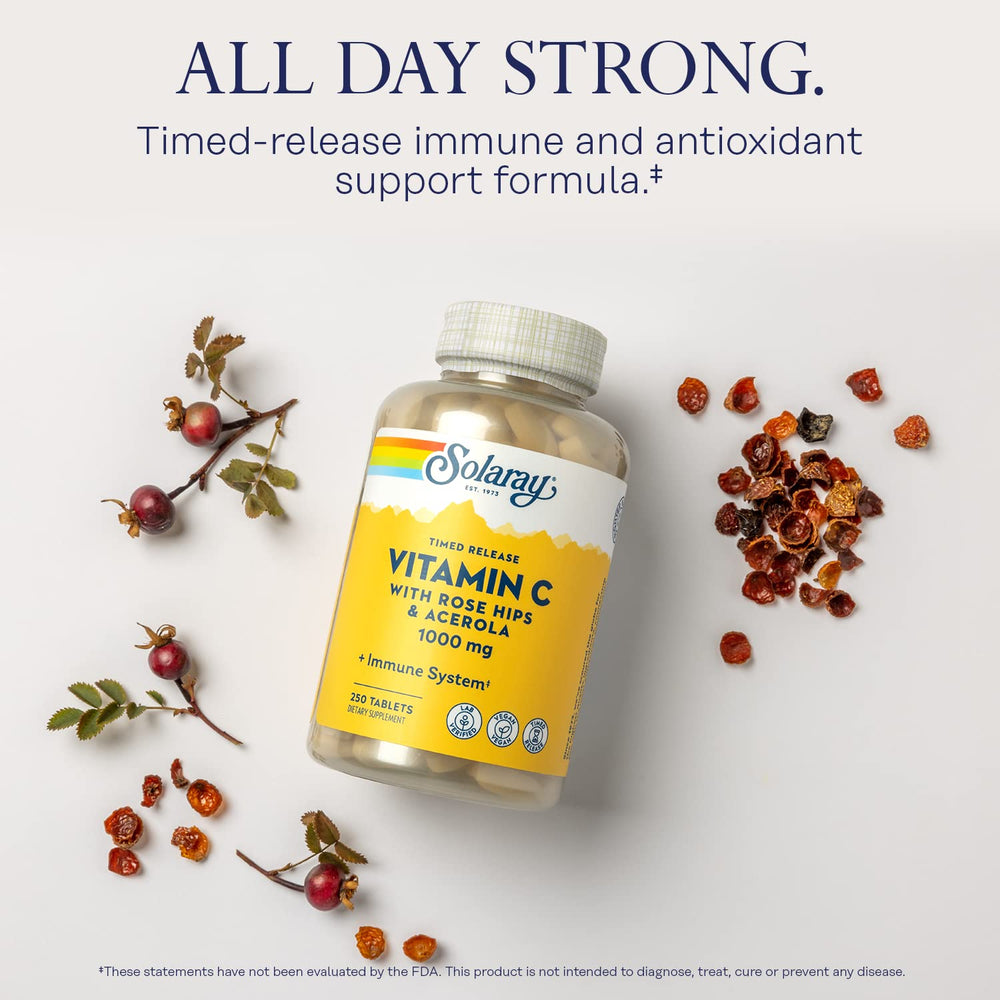 SOLARAY Vitamin C bottle label with product details and branding.