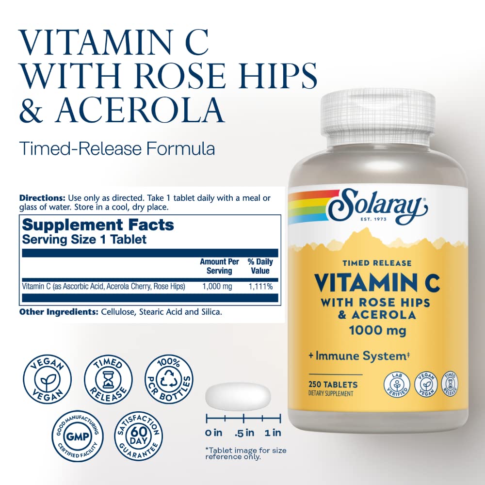 SOLARAY Vitamin C capsules close-up showing two-stage release feature.