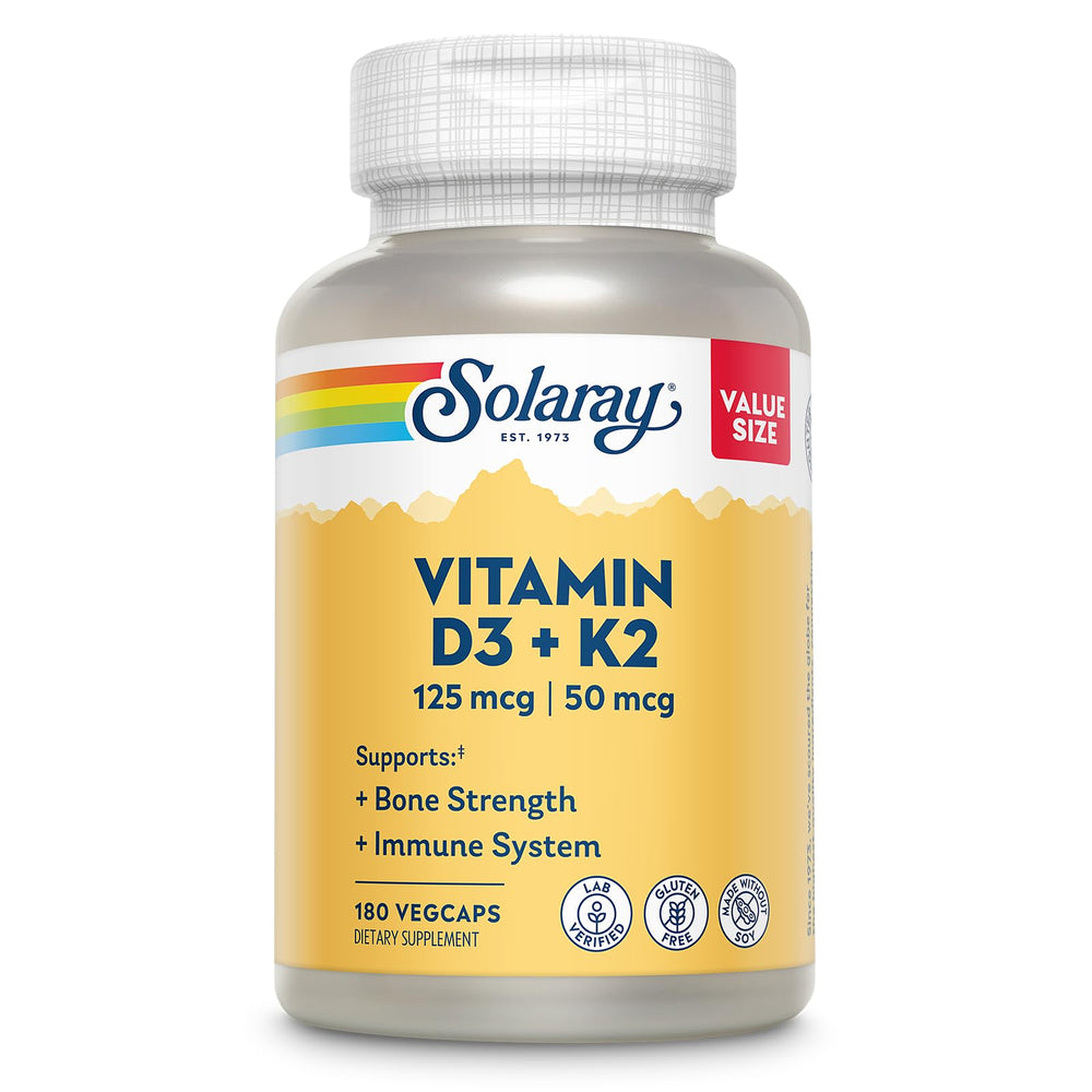 SOLARAY Vitamin D3 K2 bottle cap for daily bone health routine.