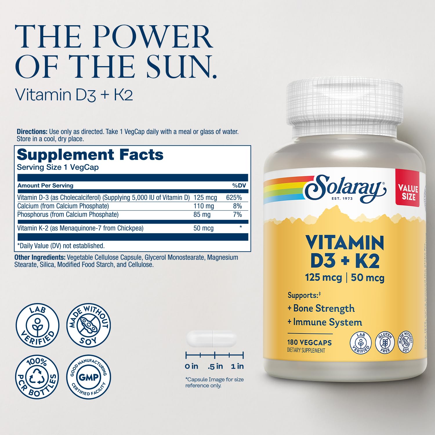 SOLARAY Vitamin D3 K2 bottle label showing D3 and MK-7.
