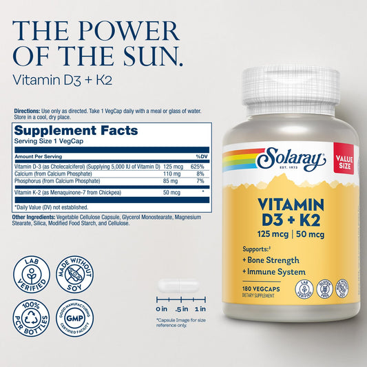 SOLARAY Vitamin D3 K2 bottle label showing D3 and MK-7.