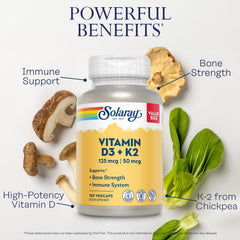 SOLARAY Vitamin D3 K2 capsules being poured for daily use.