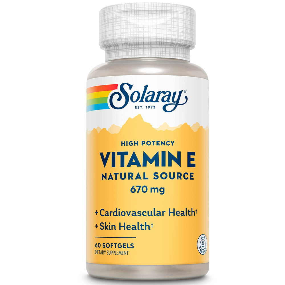 SOLARAY Vitamin E 1000 IU softgel bottle for skin health and heart support.