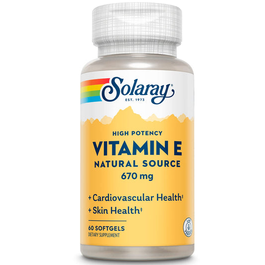 SOLARAY Vitamin E 1000 IU softgel bottle for skin health and heart support.