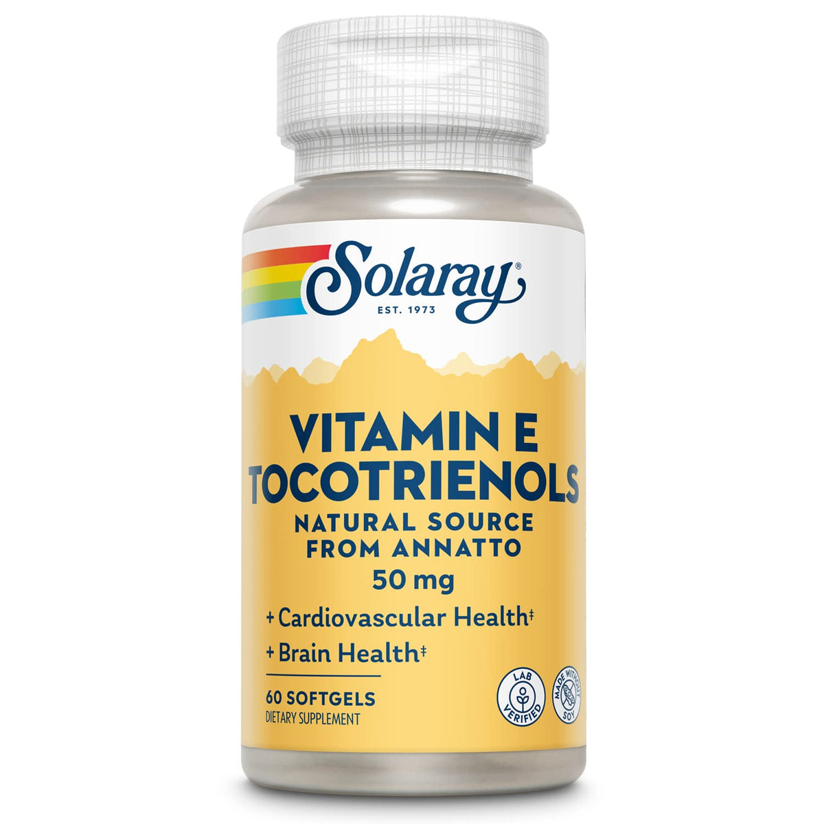 SOLARAY Vitamin E Tocotrienols bottle close-up showcasing soy-free brain health support