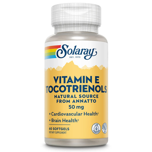 SOLARAY Vitamin E Tocotrienols bottle close-up showcasing soy-free brain health support