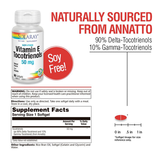 SOLARAY Tocotrienols capsules close-up showing 50 mg potency