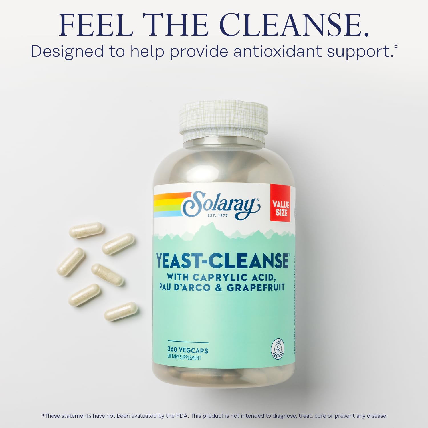 SOLARAY Yeast Cleanse capsules-daily-dosing demonstrates six-capsule routine