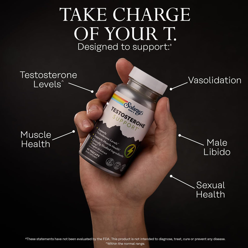 SOLARAY Zinc 11mg bottle image highlighting daily testosterone production support potential.