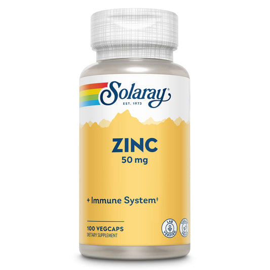 SOLARAY Zinc 50 mg bottle front with 100 veggie capsules for daily mineral support