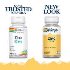 Close-up of SOLARAY Zinc 50 mg capsules in a veggie capsule format for easy swallowing