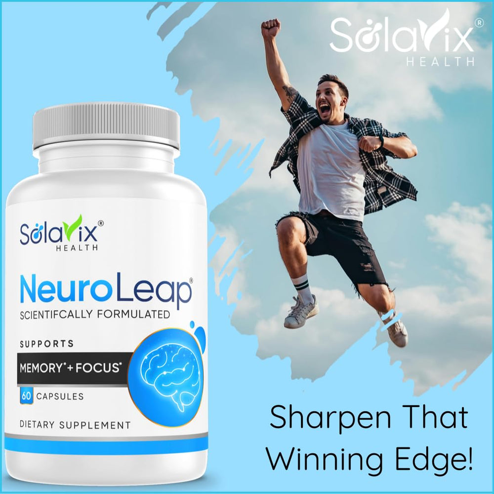 SolaVix NeuroLeap ingredients graphic showing Lion’s Mane, Bacopa, Ginkgo, Rhodiola, Ginseng.