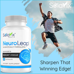 SolaVix NeuroLeap ingredients graphic showing Lion’s Mane, Bacopa, Ginkgo, Rhodiola, Ginseng.