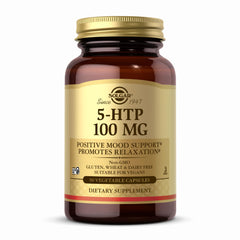 Solgar 5-HTP 100 mg bottle front view highlighting vegan, non-GMO formula.