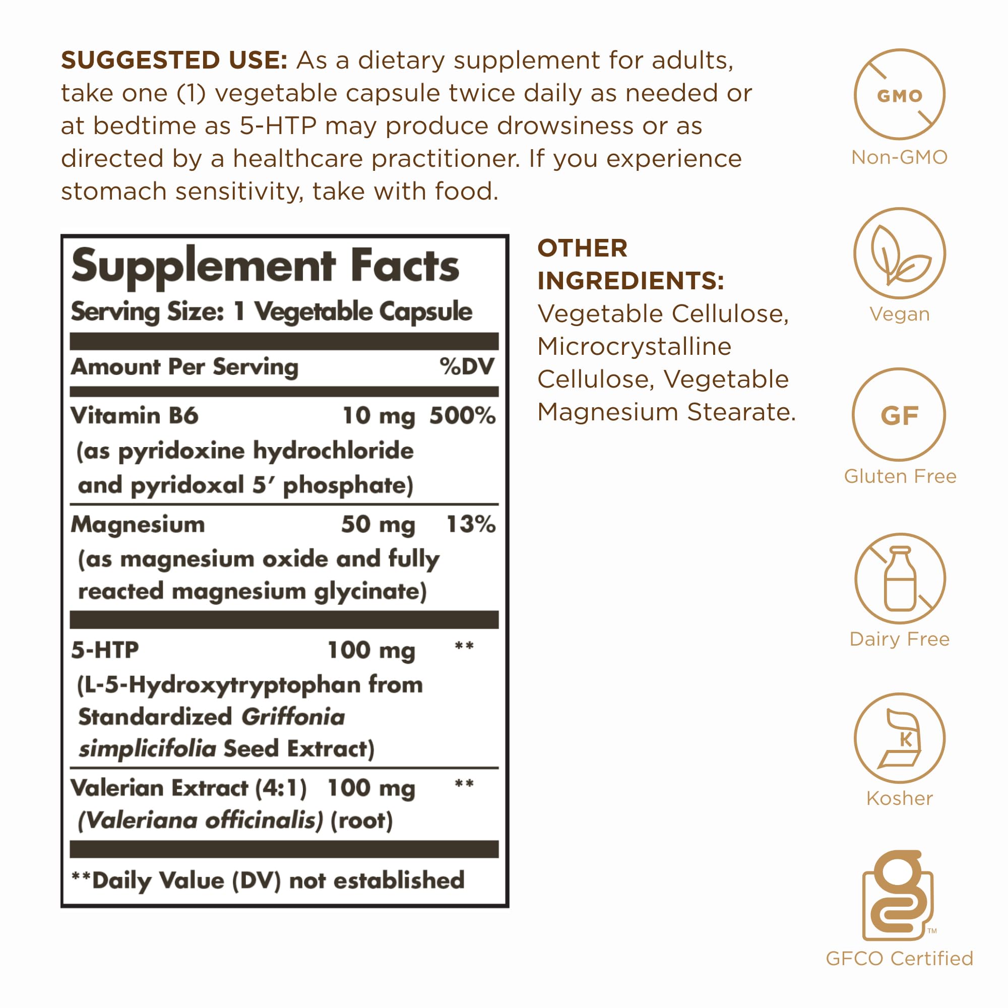 Solgar 5-HTP capsules close-up showing easy daily intake.