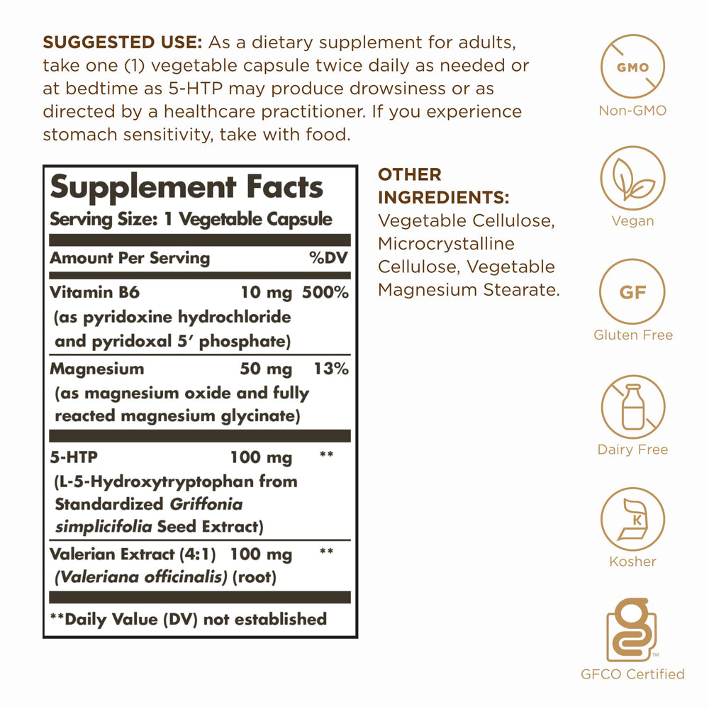 Solgar 5-HTP capsules close-up showing easy daily intake.